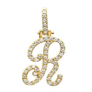 Round Cut Diamond "R" Calligraphy Initial Letter Pendant 14K Yellow Gold 0.68Ctw